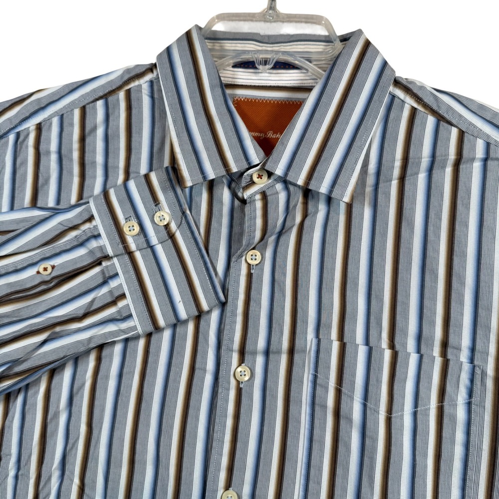 Tommy Bahama Button Down Shirt Mens Large Blue Brown Striped Long Sleeve Cotton